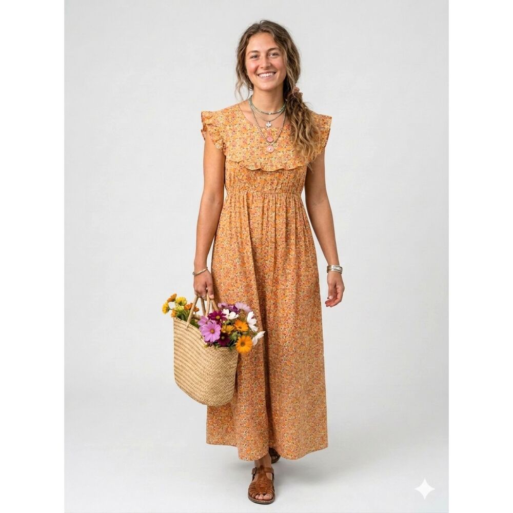 Vintage Handmade Boho Floral Maxi Dress Medium Orange Ruffle Cottagecore Prairie
